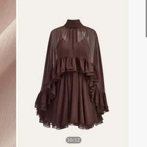 Commense Semi-Sheer Chiffon Ruffle Dress With Outer Cape